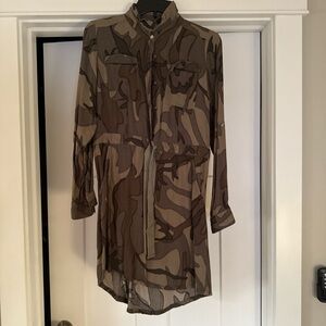 Camo Long Sleeve Dress with Classic Collar & Draw String Belt
